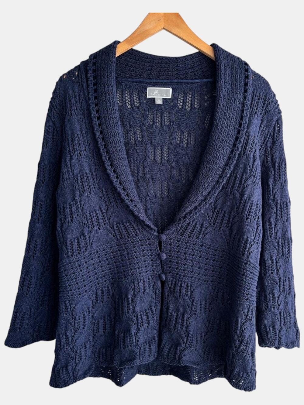JM Collection Navy Blue Open Knit Cardigan Button Detail 3/4 Sleeve Cozy Medium